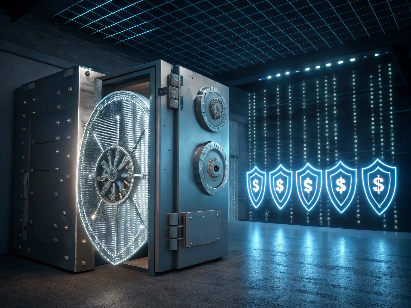 A secure online vault with a combination lock, symbolizing savings and financial security. The background is a blurred cityscape of Mumbai.