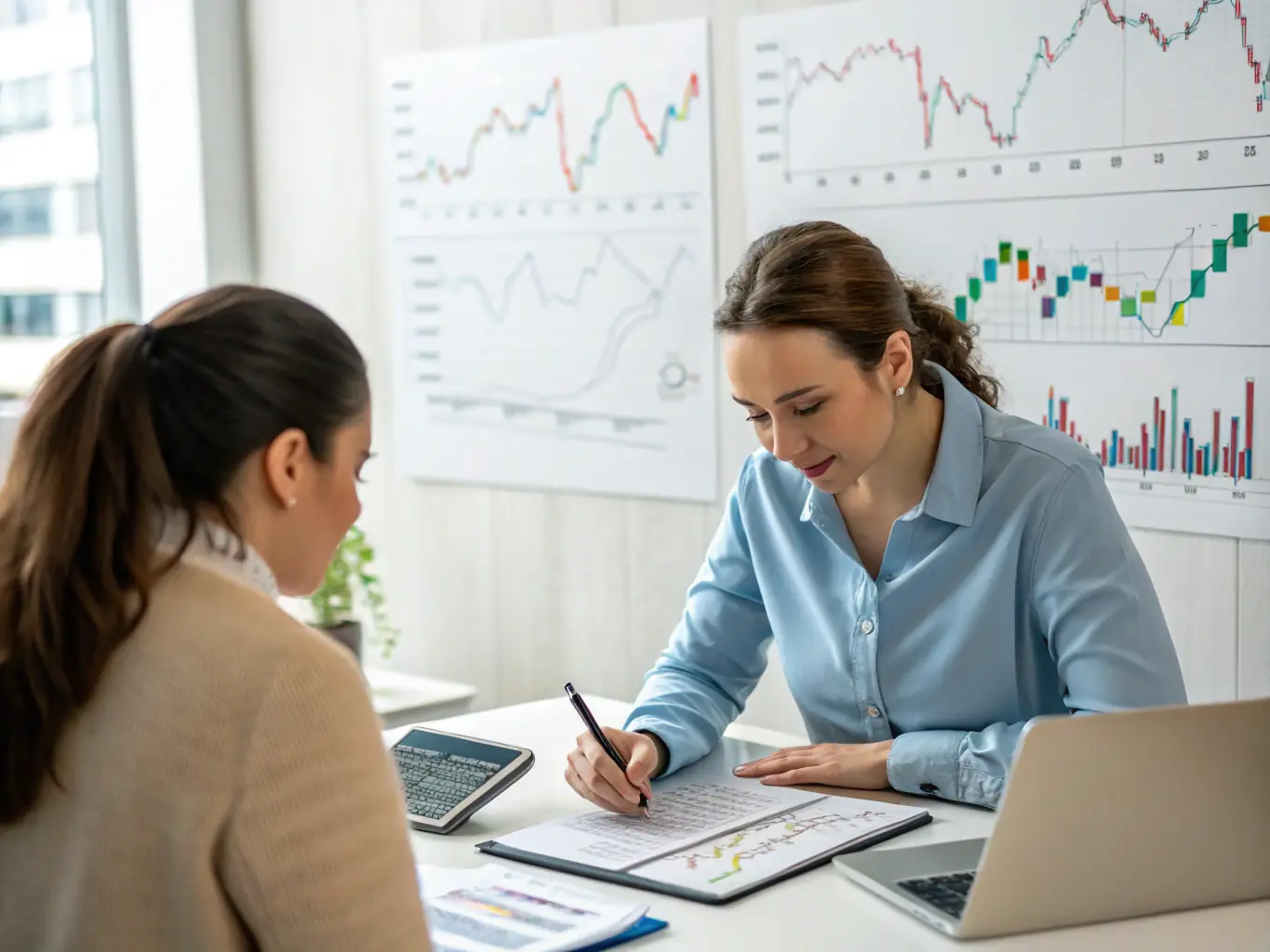 An image of a coach discussing financial plans with a young professional using a laptop and charts, set in a modern office in India.
