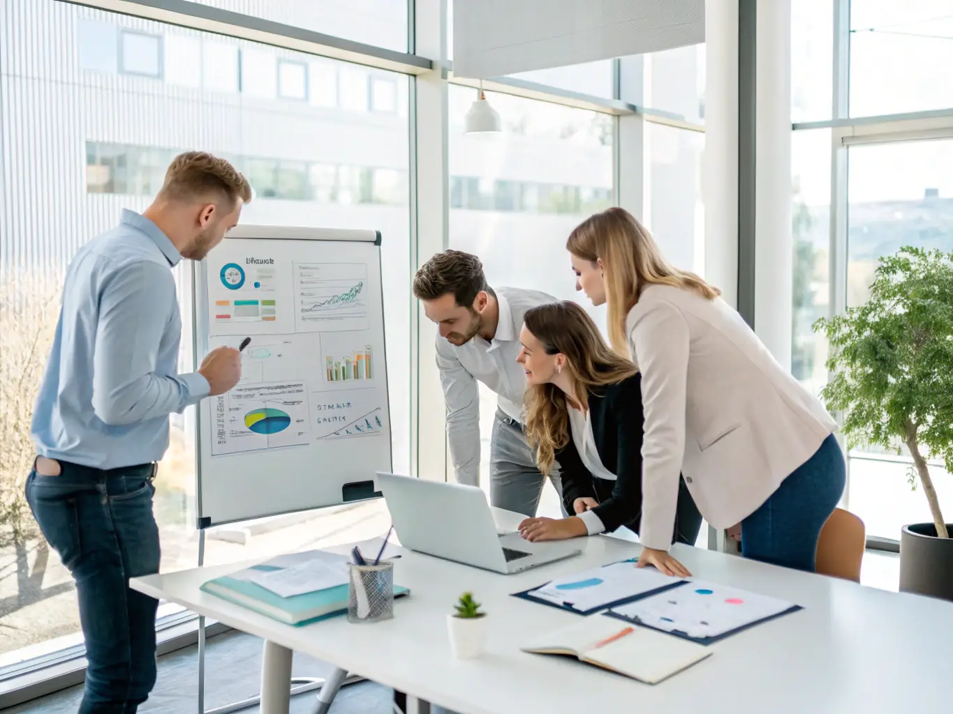 A diverse group of young professionals collaborating on financial planning, using the budgeting tool on a large screen, emphasizing the collaborative and community-driven aspect of financial literacy.