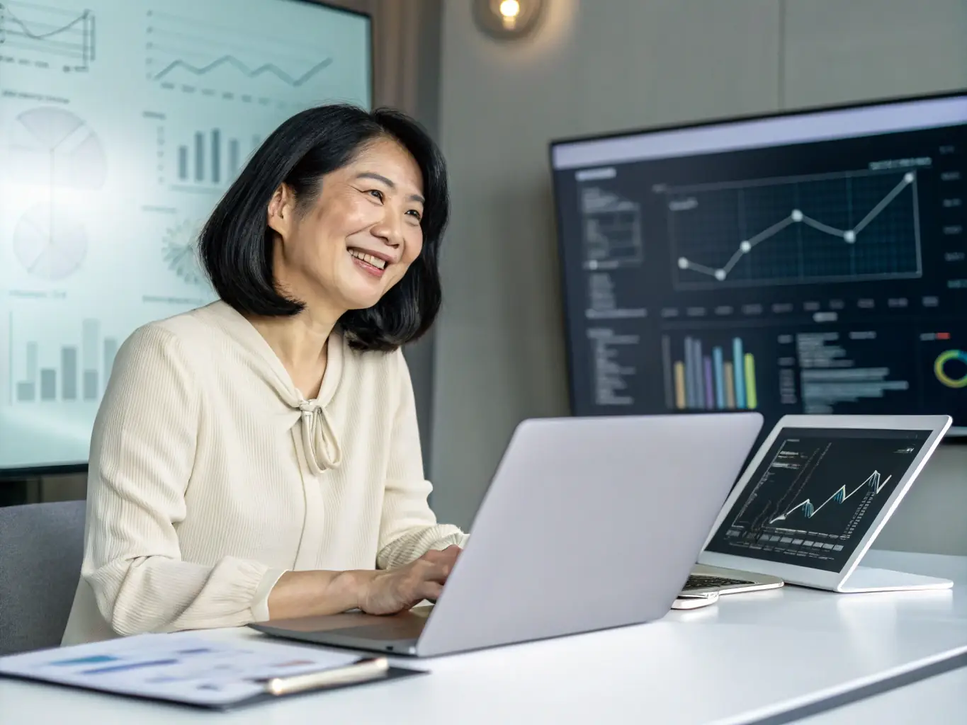 A young professional using a budgeting app on their tablet, smiling confidently, with charts and graphs visible in the background, symbolizing financial control and success.
